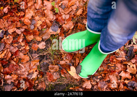 Dans l'enfant bottes en caoutchouc vert comité permanent sur les feuilles tombées à l'extérieur. Banque D'Images