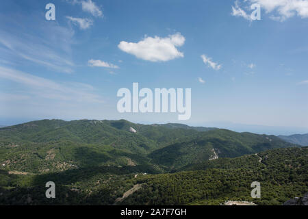 Vue depuis le mont Olympos, Lebos, Grèce. Banque D'Images