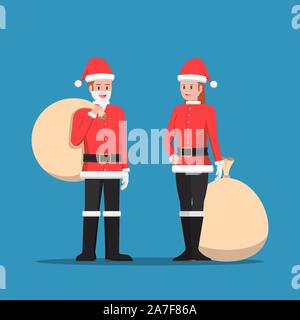 L'homme et la femme en costume père noël avec noël sac Illustration de Vecteur