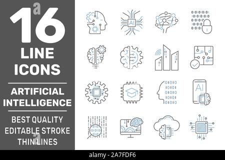 Icônes de ligne de l'intelligence artificielle. Jeu de cerveau, robot, ia, chef, technologie et plus encore. Avc. modifiable EPS 10 Illustration de Vecteur