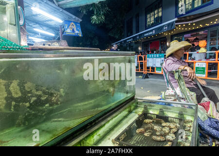 Les poissons vivants à l'extérieur d'un restaurant sur l'île de Lamma, Hong Kong Banque D'Images