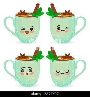 Ensemble de tasses kawaii cute cartoon. Les caractères avec la main et un sourire. Illustration isolé sur fond blanc.. Illustration de Vecteur