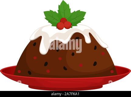 Le pudding de Noël avec décoration sur une plaque rouge. Vector illustration isolé. Illustration de Vecteur