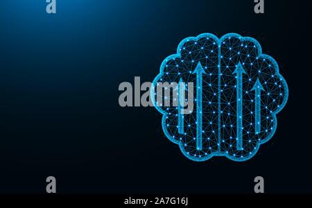 Augmentation de l'activité du cerveau, cerveau faible conception poly avec flèches vers le haut de l'image géométrique abstraite, wireframe polygonal mesh vector illustration réalisée à partir de points Illustration de Vecteur