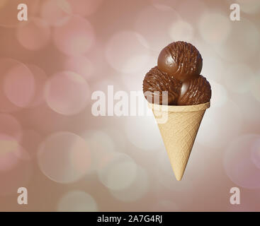 Boules délicieux très détaillées de crème glacée au chocolat dans un cornet gaufré Résumé arrière-plan coloré. Bokeh bulles. 3d illustration Banque D'Images