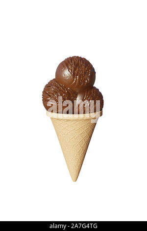 Boules délicieux très détaillées de crème glacée au chocolat dans un cornet gaufré isolé sur un fond blanc. 3d illustration Banque D'Images