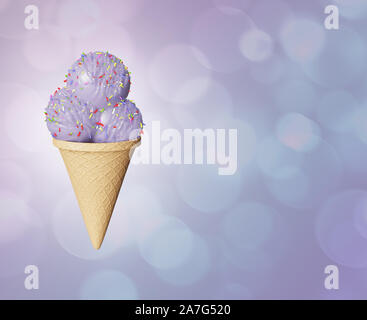 Délicieux très détaillées et blackberry des boules de glace à la vanille dans un cornet gaufré Résumé arrière-plan coloré. Bokeh bulles. 3d illustration Banque D'Images