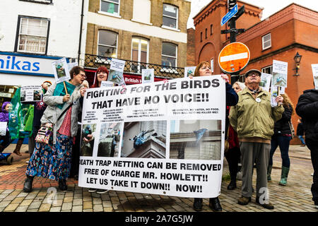 Protestation Pigeon, pigeons se faire prendre et tués en filet sur Louth town hall. 02/11/19 manifestation dans les rues de Louth Lincolnshire, Royaume-Uni. Aider à sauver le sort des bannières d'oiseaux tués Banque D'Images