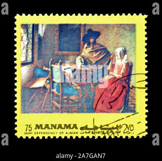 Timbre-poste imprimé par Manama, qui montre la peinture, vers 1972. Banque D'Images