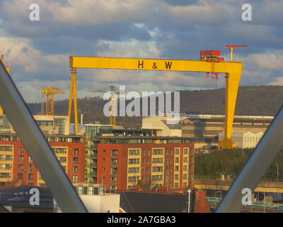 La ville de Belfast et de l'emblématique jaune Harland and Wolff portiques, prises à partir de la plate-forme panoramique dans le toit de la coupole au Square Victoria. Banque D'Images