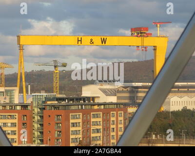 La ville de Belfast et de l'emblématique jaune Harland and Wolff portiques, prises à partir de la plate-forme panoramique dans le toit de la coupole au Square Victoria. Banque D'Images