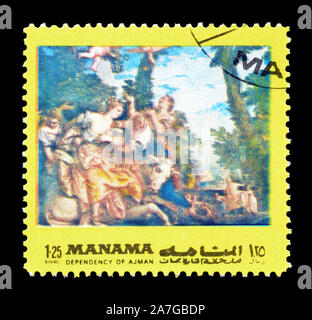 Timbre-poste imprimé par Manama, qui montre la peinture, vers 1972. Banque D'Images