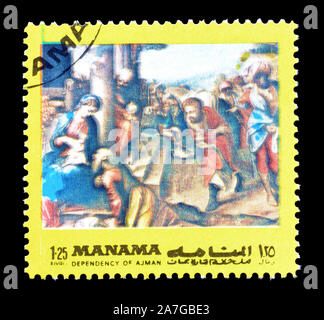 Timbre-poste imprimé par Manama, qui montre la peinture, vers 1972. Banque D'Images