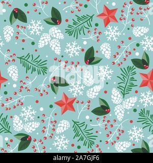 Fond d'hiver sans vecteur avec des pommes de pin rouge, étoiles, flocons, branches de pin et ted de baies. seamless pattern pour bonne année et moi Illustration de Vecteur