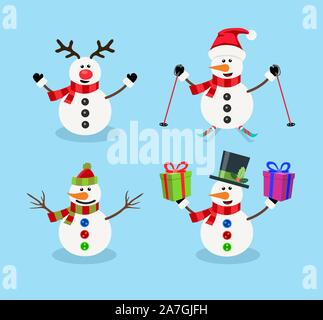 Vector set de personnages de Noël Bonhomme isolé sur fond bleu.. avec des cornes de renne bonhomme de neige, ski, avec boîte-cadeau, au père Noël ca Illustration de Vecteur