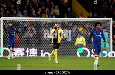 Gerard Deulofeu du Watford célèbre après avoir marqué une pénalité au cours de la Premiership match à Vicarage Road, Watford. Banque D'Images