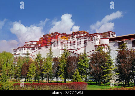 Vue avant du Palais du Potala à Lhassa, Tibet, entourée par la végétation verte, contre un ciel d'été bleu couvert par des nuages blancs. Banque D'Images