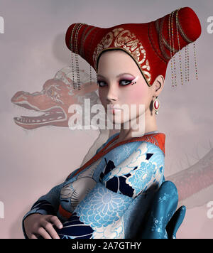 Série Femmes guerrier : beau portrait d'une femme en kimono sur fond de dragon Banque D'Images