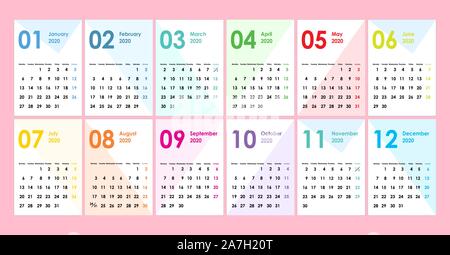 Calendrier original de 2020. L'apparence simple et propre. Les figures géométriques comme un arrière-plan. Cartes de poche. Mur, calendrier du bureau. Semaine commence lundi. Illustration de Vecteur
