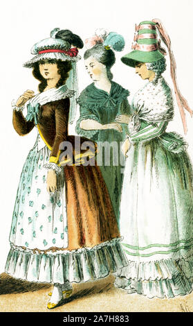 Montré ici sont des femmes françaises entre 1750 et 1800. Ils sont de gauche à droite : deux dames en 1785 et une dame en 1790.Cette illustration dates pour 1882. Banque D'Images