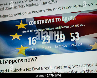 Londres, Royaume-Uni - Oct 2019 : Détail de l'écran numérique site web avec minuteur à Brexit avec texte Boris Johnson promet nous allons quitter l'UE Banque D'Images