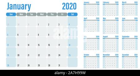 Planificateur de calendrier 2020 illustration vecteur modèle tous les 12 mois semaine commence le dimanche et indiquer la fin de semaine le samedi et dimanche Illustration de Vecteur