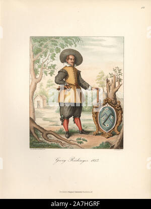 Portrait de l'architecte Georg Rudinger en 1612 avec une règle et son blason avec les instruments de son métier. Chromolithographie de Hefner-Alteneck's 'Costumes, Œuvres et appareils du Moyen-Âge au 17ème siècle", Francfort, 1889. Illustration par le Dr Jakob Heinrich von Hefner-Alteneck, lithographiée par A. Volkert, et publié par Heinrich Keller. Le Dr Hefner-Alteneck (1811 - 1903) était un conservateur allemand, archéologue, historien de l'art, illustrateur et graveur. Banque D'Images