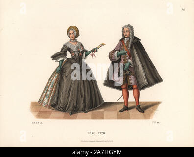 Les patriciens de la Franconie (Basse-bavière) dans des tenues de mariage, fin du 17e siècle, à partir d'une miniature sur parchemin appartenant à une famille de Wurzburg. Chromolithographie de Hefner-Alteneck's 'Costumes, Œuvres et appareils du Moyen Âge au xviiie siècle, Francfort, 1889'. Illustration par le Dr Jakob Heinrich von Hefner-Alteneck, lithographiée par FB et publié par Heinrich Keller. Le Dr Hefner-Alteneck (1811 - 1903) était un conservateur allemand, archéologue, historien de l'art, illustrateur et graveur. Banque D'Images