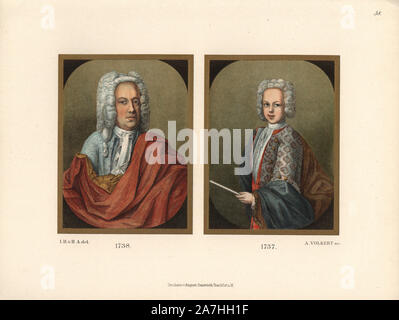 Bewigged les hommes de l'Allemand portraits à l'huile du milieu du xviiie siècle. Chromolithographie de Hefner-Alteneck's 'Costumes, Œuvres et appareils du Moyen Âge au xviiie siècle, Francfort, 1889'. Illustration par le Dr Jakob Heinrich von Hefner-Alteneck, lithographie de A. Volkert et publié par Heinrich Keller. Le Dr Hefner-Alteneck (1811 - 1903) était un conservateur allemand, archéologue, historien de l'art, illustrateur et graveur. Banque D'Images