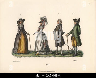 Les hommes et les femmes de la mode 1786. Femme en redingote, et la femme de la mode anglaise portant un châle. Homme en costume avec une épée, et un jeune homme dans 'négligé.' 'l'Hefner-Alteneck chromolithographie de costumes, Œuvres et appareils du Moyen Âge au xviiie siècle, Francfort, 1889'. Illustration par le Dr Jakob Heinrich von Hefner-Alteneck, lithographiée par Joh. Klipphahn, et publié par Heinrich Keller. Le Dr Hefner-Alteneck (1811 - 1903), était un conservateur de musée, archéologue, historien de l'art, illustrateur et graveur. Banque D'Images