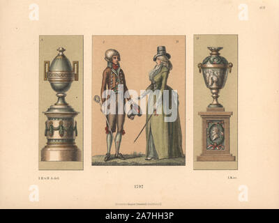 Fashions de 1792. Un élégant homme parisien dans le dernier style et une jeune femme allemande au cap et le capot. Deux vases antiques. Chromolithographie de Hefner-Alteneck's 'Costumes, Œuvres et appareils du Moyen Âge au xviiie siècle, Francfort, 1889'. Illustration par le Dr Jakob Heinrich von Hefner-Alteneck, lithographiée par Joh. Klipphahn, et publié par Heinrich Keller. Le Dr Hefner-Alteneck (1811 - 1903), était un conservateur de musée, archéologue, historien de l'art, illustrateur et graveur. Banque D'Images