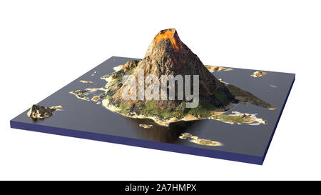 La lave du volcan en éruption, la section d'un modèle avec l'île volcanique isolé sur fond blanc Banque D'Images