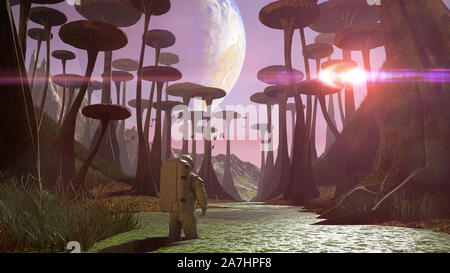 L'exploration de l'astronaute planète extra-paysage, voyage vers une exoplanète découverte étrange avec les plantes et les créatures volantes Banque D'Images