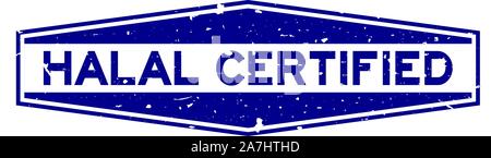 Grunge blue certifié halal mot hexagone joint en caoutchouc stamp sur fond blanc Illustration de Vecteur