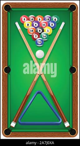 Jeu de billard. Boules de billard, de billard cue et triangle dans une table de billard. Vector illustration Illustration de Vecteur