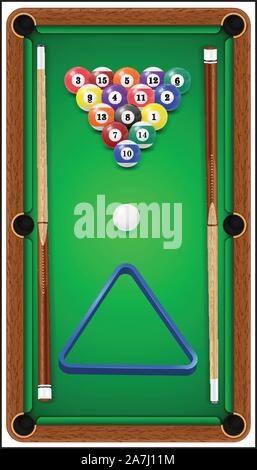 Jeu de billard. Boules de billard, de billard cue et triangle dans une table de billard. Vector illustration Illustration de Vecteur