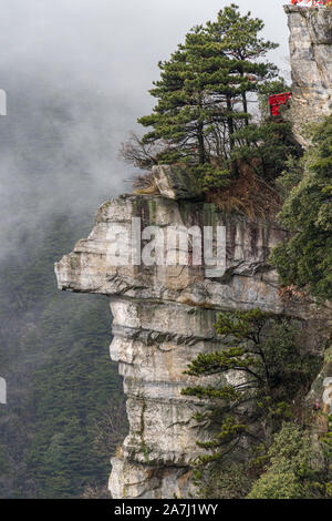 Rock / montagne en forme de visage avec des arbres sur le dessus en un jour brumeux Banque D'Images