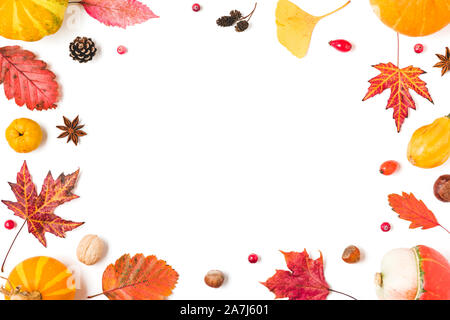 Composition d'automne. Cadre fait de feuilles d'automne, citrouilles, des fleurs, des baies, de coing, de noix sur fond blanc. L'automne, halloween, Thanksgiving Day conce Banque D'Images