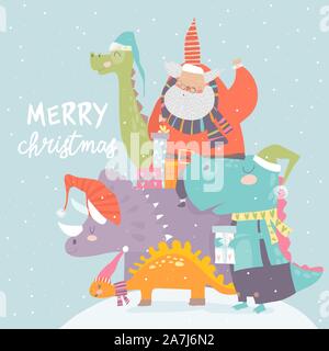 Cartoon Père Noël avec cadeaux assis sur dinosaur Illustration de Vecteur
