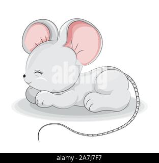 Petit bébé rat, souris avec de grandes oreilles et queue rayée, sweet dream dort, se repose. Le jour de l'an 2020. Illustration de Vecteur