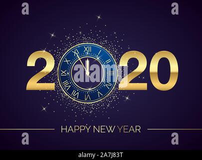 Horloge dorée cadran avec chiffres 2020 sur fond de Noël magique. Compte à rebours de la nouvelle année et les carillons. Cinq minutes avant de douze modèle pour votre conception Illustration de Vecteur