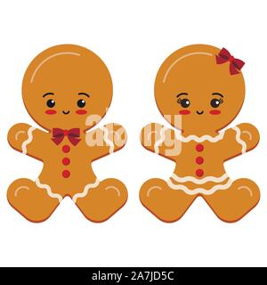 Noël mignon et doux jeu de caractères marron glacé gingerbread man garçon et fille avec noeud isolé sur fond blanc. Illustration de Vecteur