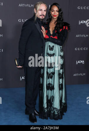 LOS ANGELES, CALIFORNIE, USA - 02 novembre : Marco Perego et Zoe Saldana arriver au LACMA Art  + Film 2019 Gala tenu au Los Angeles County Museum of Art, le 2 novembre 2019 à Los Angeles, Californie, États-Unis. (Photo par Xavier Collin/Image Press Office) Banque D'Images