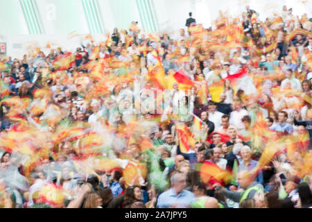 Oviedo, Espagne. 09Th Nov, 2019. Oviedo, Espagne : les personnes qui ont participé à l'événement avec VOX et drapeaux au cours de la Loi de l'Espagne avec Santiago Abascal à la ville d'Oviedo Palais des Expositions et Congrès à Oviedo, Espagne le 02 novembre 2019. (Photo par Alberto Brevers/Pacific Press) Credit : Pacific Press Agency/Alamy Live News Banque D'Images