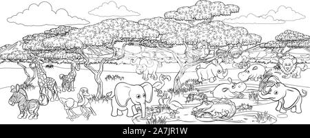 Cartoon Animal Safari Scène paysage en arrière-plan Illustration de Vecteur