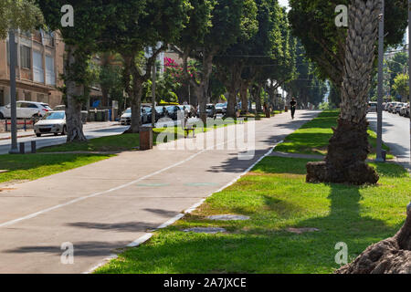 Un sentier de marche et de vélo partagé dans le centre de Ben Zion Avenue dans le centre de Tel Aviv en Israël montrant la belle rue bordée d'ombragé Banque D'Images