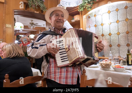 Un accordéoniste chanteur d'âge moyen dans un chapeau de paille effectue pour des conseils dans un restaurant à Venise, Italie. Banque D'Images