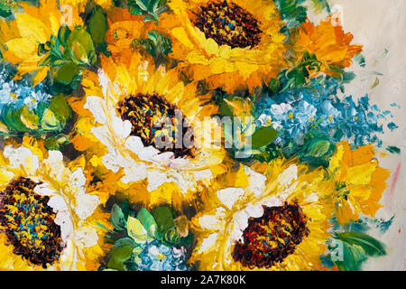 Close up fragment de peinture à l'huile fleurs artistiques de l'image. Macro fleurs au couteau. La texture de la peinture à l'huile mélangée de grandes fleurs. Banque D'Images