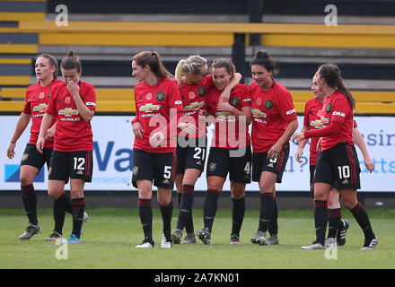 Manchester United, Amy Turner (quatrième à droite) fête marquant ses côtés son troisième but de la partie au cours de la FA Women's Cup Match ligue continentale de l'Avenue Haig, Liverpool. Banque D'Images