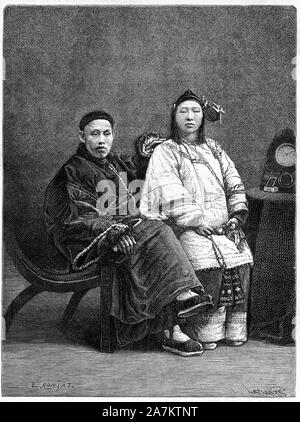 Couple de notables chinois de San Francisco (Etats Unis) au 19e siècle. Gravure d'après un dessin de Ronjat, d'après une photographie, dans 'Le Tour du Banque D'Images